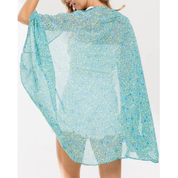21 Beautiful teal and gree boho floral print sheer flowy open kimono cardi - Picture 7 of 7